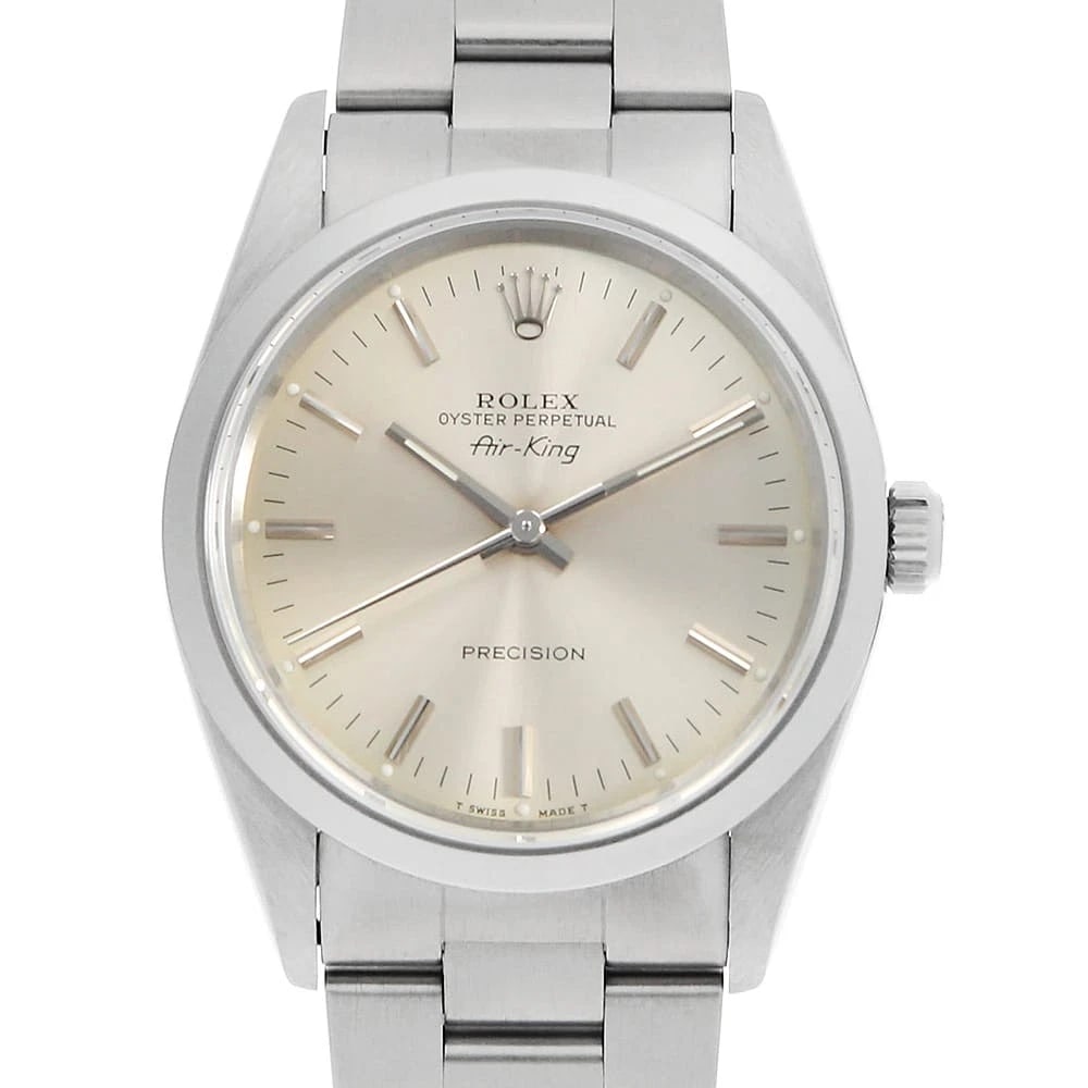 ROLEX AIR KING SILVER WRIST WATCH: ROLEX Air king Silver Wrist Watch Brand: ROLEX Type: Material: Band Material Stainless Steel, Case Material Stainless Steel Color: Silver Size: Case:W34mm Circumference of Wrist:17cm Accessories: