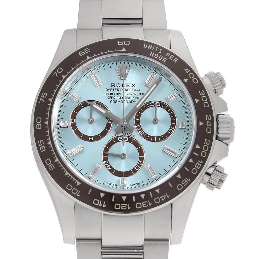 ROLEX COSMOGRAPH DAYTONA 8P BAGUETTE 3P SQUARE DIAMOND WRIST WATCH: ROLEX Cosmograph Daytona 8P Baguette 3P Square Diamond Wrist Watch Brand: ROLEX Type: Wrist watch Material: Band Material Platinum, Case Material Platinum Color: Ice Blue Size: Case:W40mm Circumfe