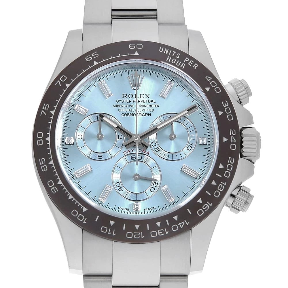 ROLEX COSMOGRAPH DAYTONA 8P BAGUETTE DIAMONDS 3P DIAMONDS WRIST WATCH: ROLEX Cosmograph Daytona 8P Baguette Diamonds 3P Diamonds Wrist Watch Brand: ROLEX Type: Wrist watch Material: Band Material Platinum, Case Material Platinum Color: Ice Blue Size: Case:W40mm Circu