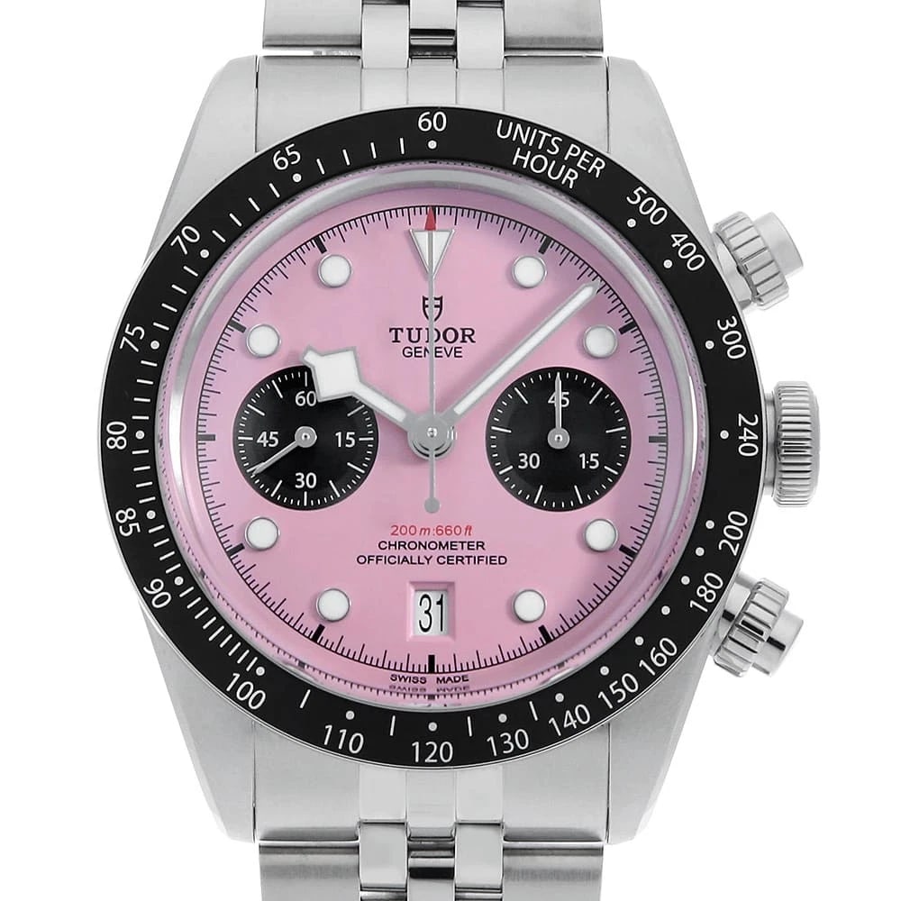 TUDOR BLACK BAY CHRONO SECOND HAND WRIST WATCH: TUDOR Black Bay Chrono second hand Wrist Watch Brand: TUDOR Type: Wrist watch Material: Band Material Stainless Steel, Case Material Stainless Steel Color: Pink Size: Case:W41mm Circumference of W