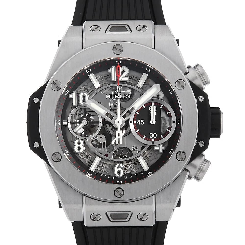 HUBLOT BIG BANG UNICO TITANIUM WRIST WATCH: HUBLOT Big Bang Unico Titanium Wrist Watch Brand: HUBLOT Type: Wrist watch Material: Band Material rubber, Case Material Titanium Color: Skeleton Size: Case:W42mm Accessories: None Accesso