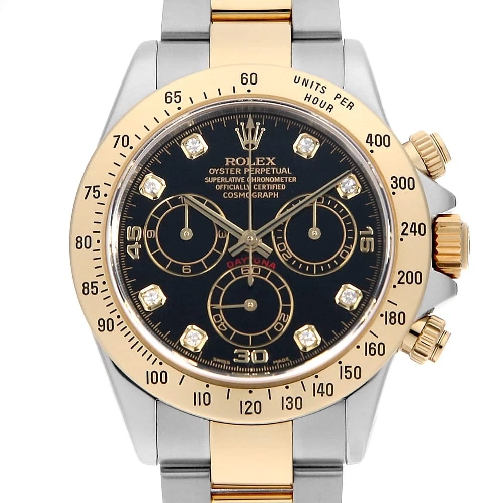 ROLEX COSMOGRAPH DAYTONA 8P DIAMOND BLACK WRIST WATCH: ROLEX Cosmograph Daytona 8P diamond black Wrist Watch Brand: ROLEX Type: Wrist watch Material: Band Material Stainless Steel/Yellow Gold, Case Material Stainless Steel/Yellow Gold Color: Black Siz