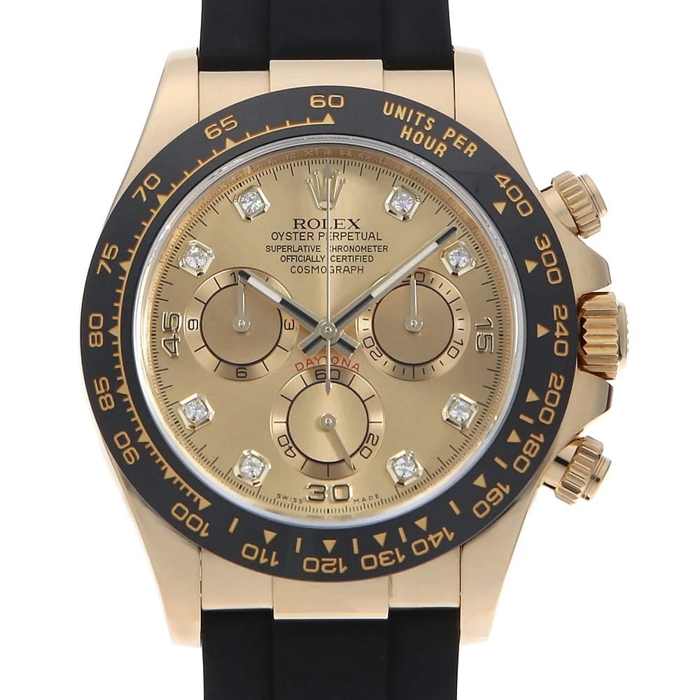 ROLEX COSMOGRAPH DAYTONA 8P DIAMOND CHAMPAGNE WRIST WATCH: ROLEX Cosmograph Daytona 8P diamond Champagne Wrist Watch Brand: ROLEX Type: Wrist watch Material: Band Material rubber, Case Material Yellow Gold Color: Champagne Gold Size: Case:W40mm Circumfere