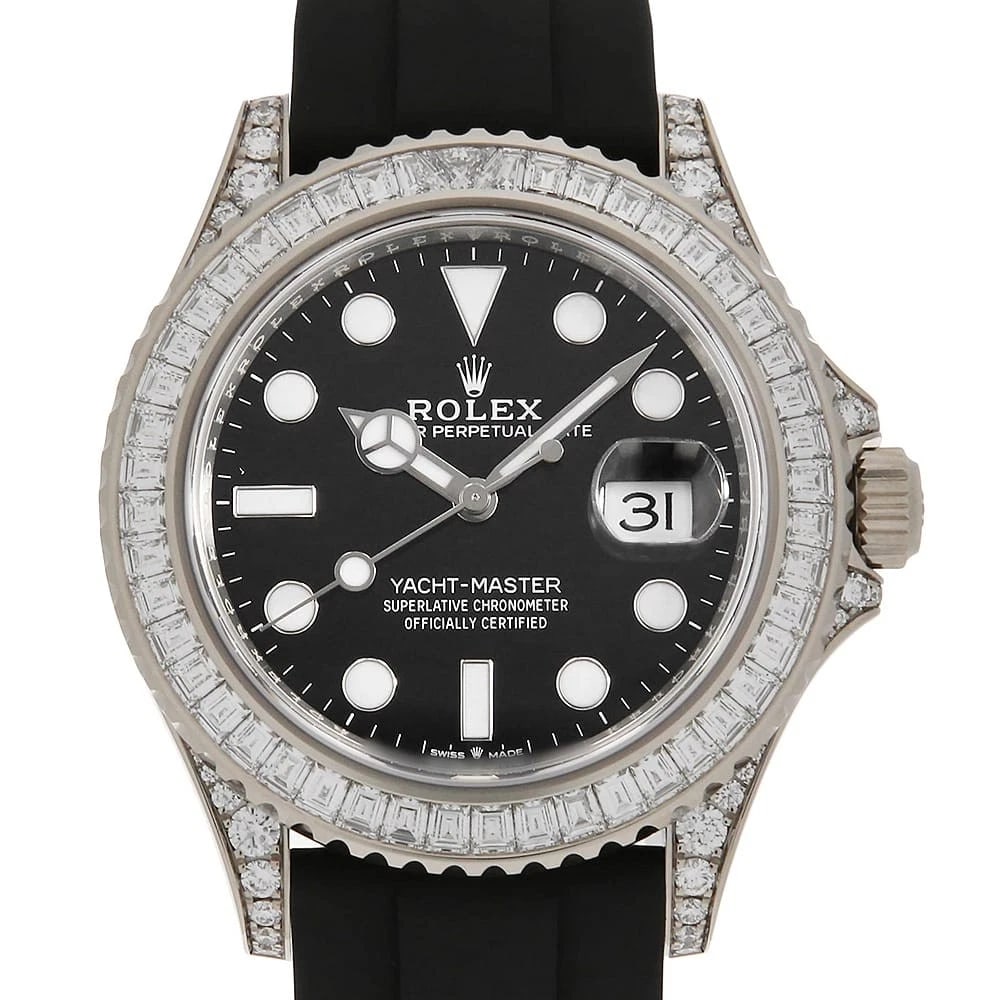ROLEX YACHT-MASTER 42 DIAMOND BEZEL AND DIAMOND WRIST WATCH: ROLEX Yacht-Master 42 Diamond Bezel and Diamond Wrist Watch Brand: ROLEX Type: Wrist watch Material: Band Material rubber, Case Material White Gold Color: Black Size: Case:W42mm Circumference of W