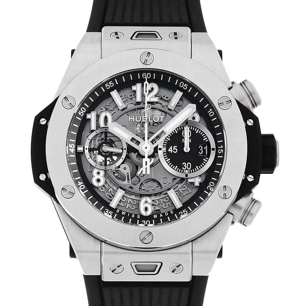 HUBLOT BIG BANG UNICO TITANIUM WRIST WATCH: HUBLOT Big Bang Unico Titanium Wrist Watch Brand: HUBLOT Type: Wrist watch Material: Band Material rubber, Case Material Titanium Color: Skeleton Size: Case:W44mm x H44mm Accessories: None