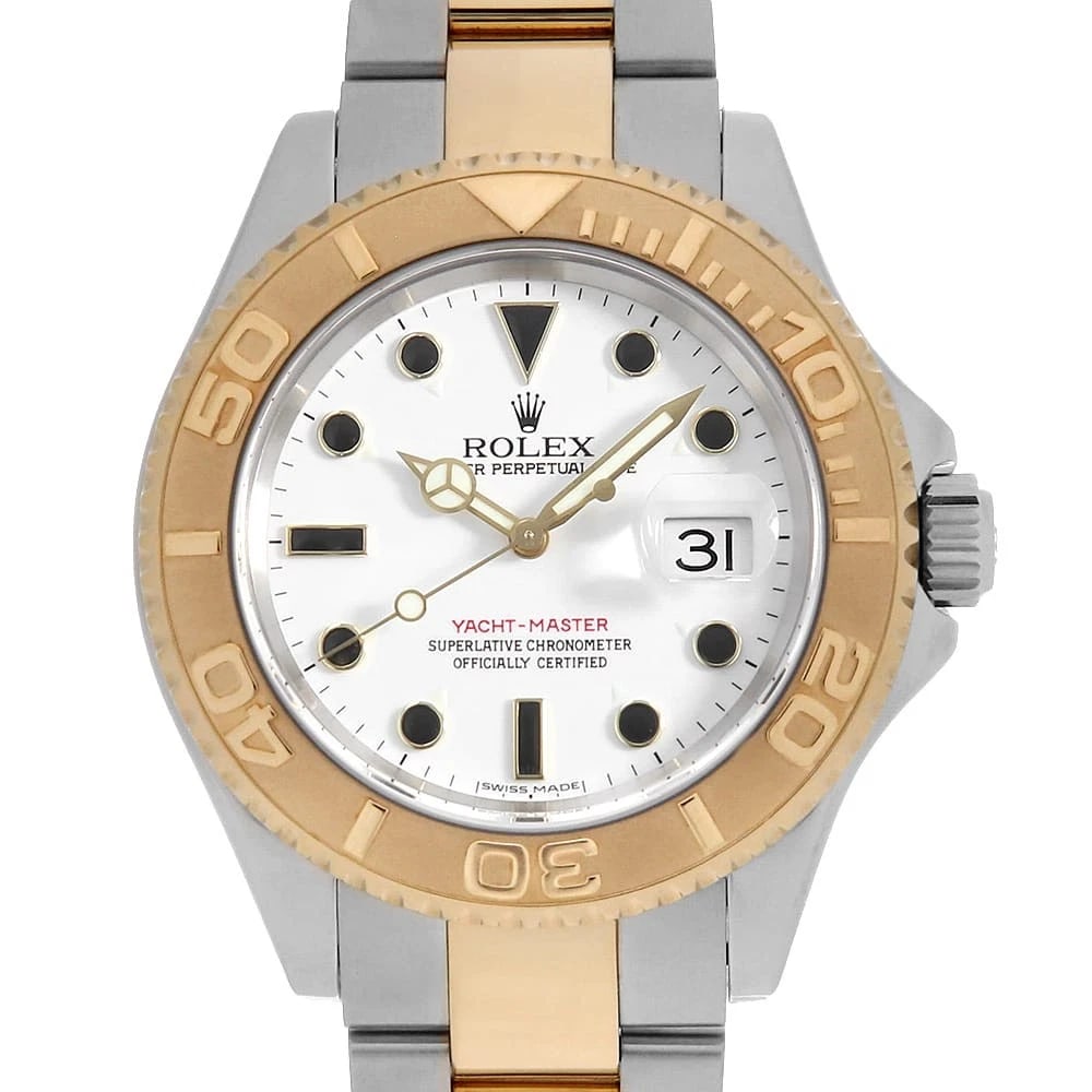 ROLEX YACHT MASTER WHITE WRIST WATCH: ROLEX Yacht master white Wrist Watch Brand: ROLEX Type: Wrist watch Material: Band Material Stainless Steel/Yellow Gold, Case Material Stainless Steel/Yellow Gold Color: White Size: Case:W40mm Cir