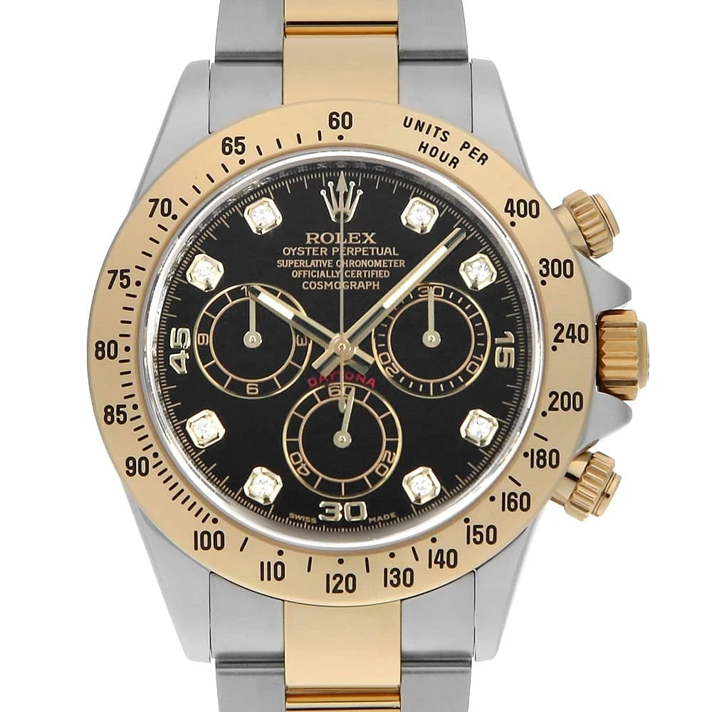 ROLEX COSMOGRAPH DAYTONA 8P DIAMOND BLACK WRIST WATCH: ROLEX Cosmograph Daytona 8P diamond black Wrist Watch Brand: ROLEX Type: Wrist watch Material: Band Material Stainless Steel/Yellow Gold, Case Material Stainless Steel/Yellow Gold Color: Black Siz