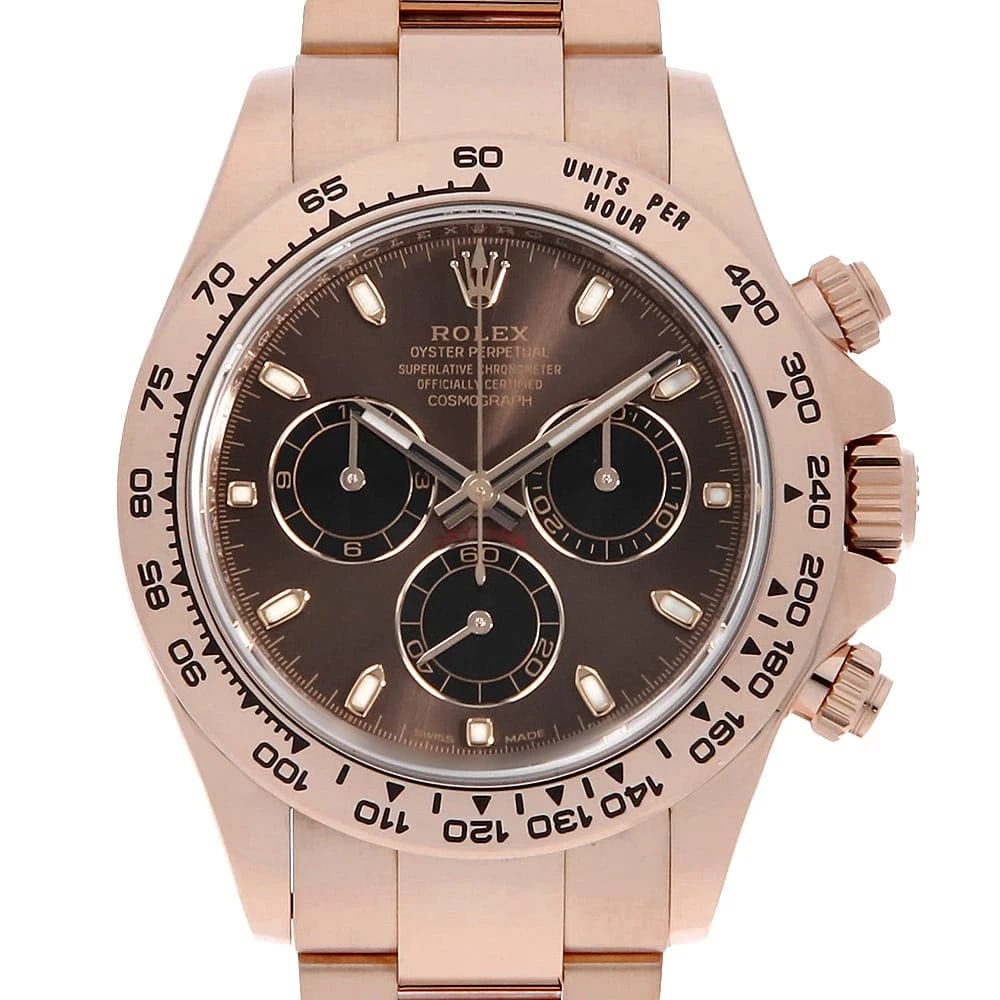 ROLEX COSMOGRAPH DAYTONA CHOCOLATE BROWN WRIST WATCH: ROLEX Cosmograph Daytona Chocolate brown Wrist Watch Brand: ROLEX Type: Wrist watch Material: Band Material Everose Gold, Case Material Everose Gold Color: Chocolate Brown Size: Case:W40mm Circumf