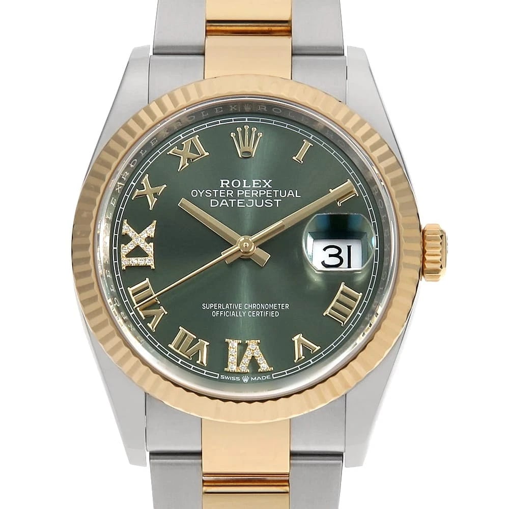 ROLEX DATEJUST 36 DIAMOND OLIVE GREEN OYSTER BRACELET WRIST WATCH: ROLEX Datejust 36 Diamond Olive green oyster bracelet Wrist Watch Brand: ROLEX Type: Wrist watch Material: Band Material Stainless Steel/Yellow Gold, Case Material Stainless Steel/Yellow Gold Color