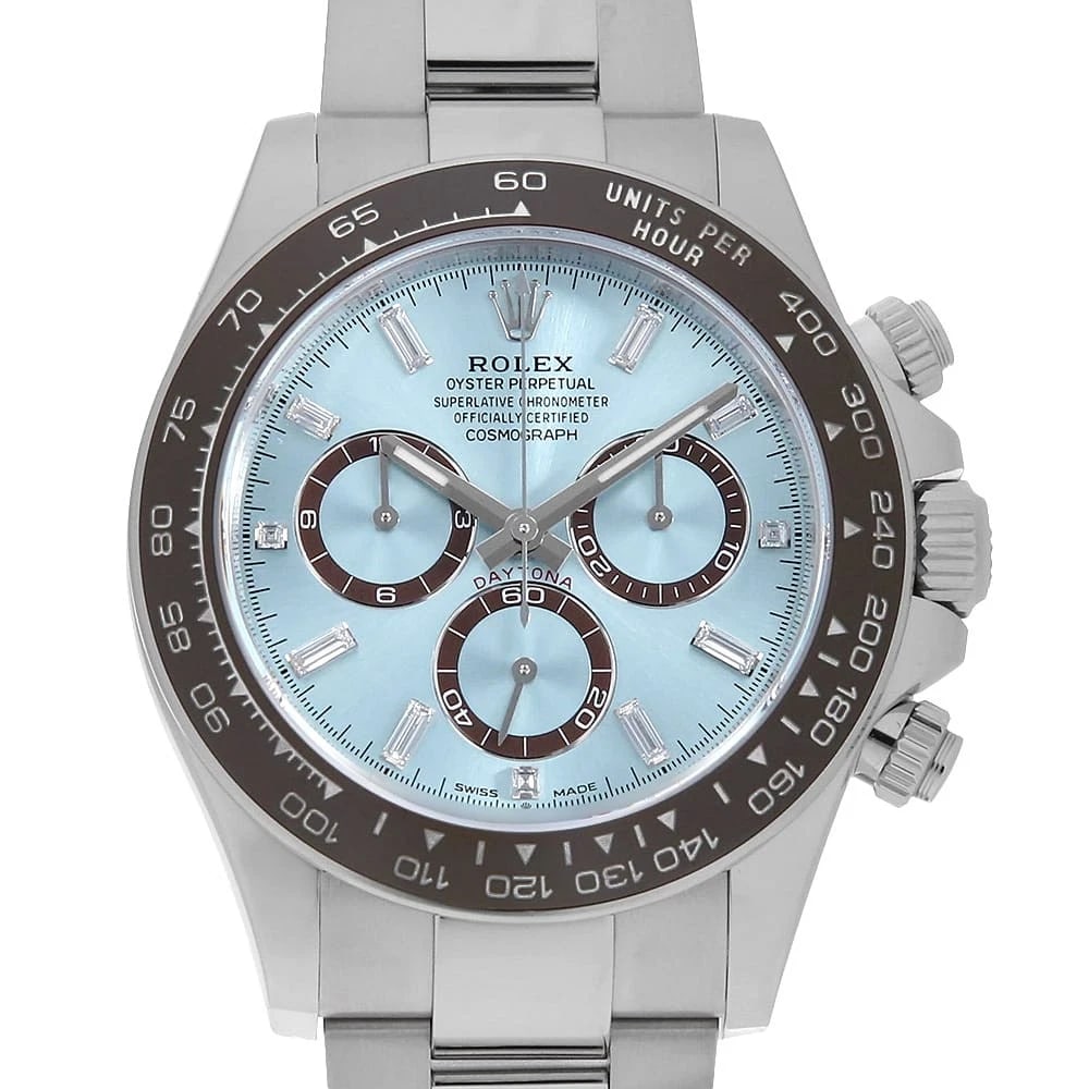 ROLEX COSMOGRAPH DAYTONA 8P BAGUETTE 3P DIAMOND WRIST WATCH: ROLEX Cosmograph Daytona 8P Baguette 3P Diamond Wrist Watch Brand: ROLEX Type: Wrist watch Material: Band Material Platinum, Case Material Platinum Color: Ice Blue Size: Case:W40mm Circumference o