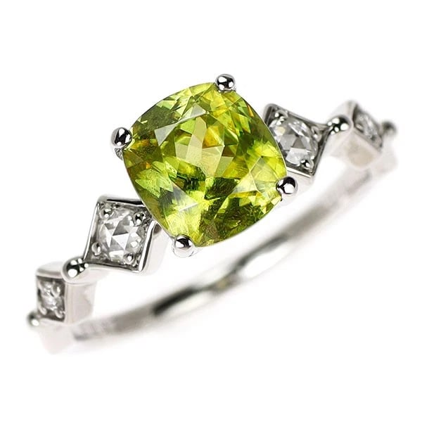 PT950 SPHENE DIAMOND RING: Pt950 Sphene Diamond Ring Brand: None Type/Style: Ring Material: Metal Purity 950, Metal Platinum, Main Stone/Creation None Color: Platinum Size: 4.5 US Accessories: None Accessories Notice: