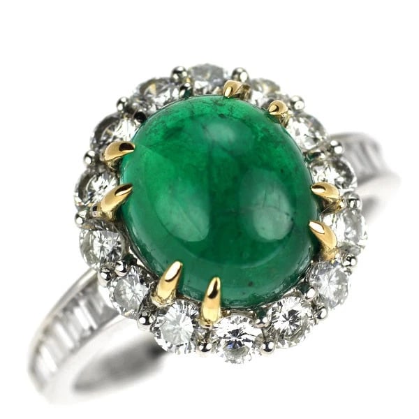 PT900/K18 COLOMBIAN CABOCHON CUT EMERALD DIAMOND RING (1 of 3)