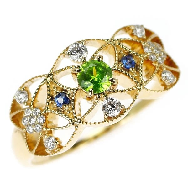 RARE K18YG DEMANTOID GARNET DIAMOND SAPPHIRE RING: Rare K18YG Demantoid Garnet Diamond Sapphire Ring Brand: None Type/Style: Ring Material: Metal Purity K18, Metal Gold, Main Stone/Creation demantoid garnet Color: None Size: 6.25 - 6.5 US 