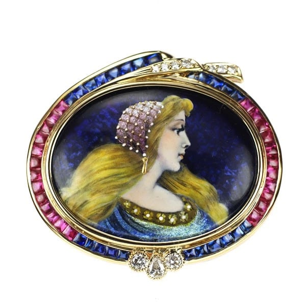 KAJI MITSUO EMAILLE/ K18YG BLUE/PINK SAPPHIRE DIAMOND BROOCH (1 of 2)