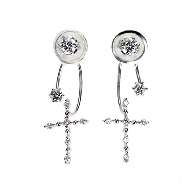 K18WG CROSS 2-WAY DIAMOND EARRINGS: K18WG cross 2-way diamond earrings Brand: None Type/Style: piercing Material: Metal Purity None, Metal K18WG, Main Stone/Creation Natural Color: None Size: Length/Width/Diameter19.7 