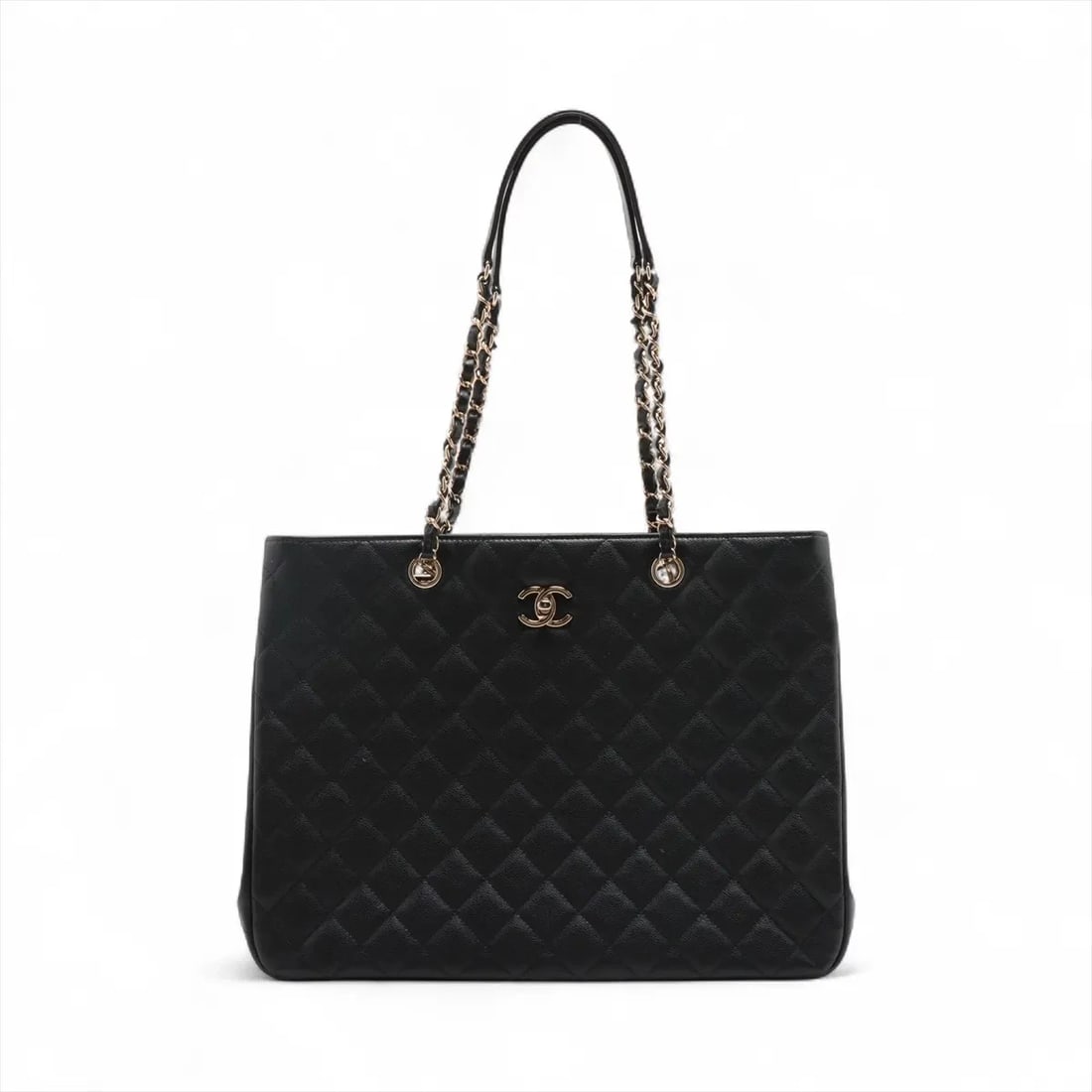 CHANEL MATELASSE CAVIAR SKIN CHAIN TOTE BAG: Chanel Matelasse Caviar Skin Chain Tote Bag Brand: Chanel Type: Tote bag Material: Caviar Skin Color: Black Size: Height:10.6inch Length:14.2inch Depth:3.9inch Handle height:10.0inch Accessories: