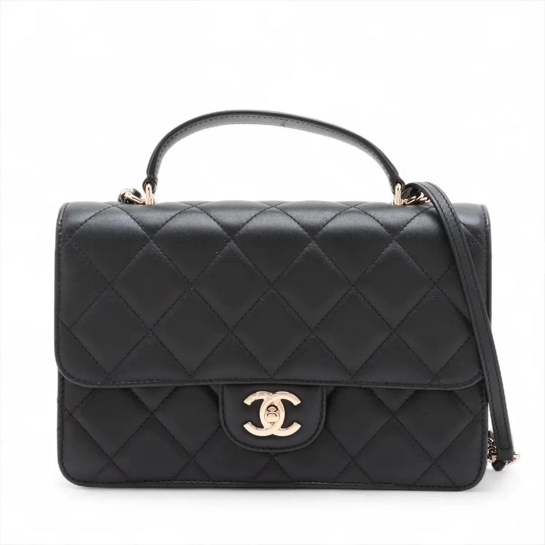 CHANEL MATELASSE LAMBSKIN 2 WAY HANDBAG BLACK GOLD: Chanel Matelasse Lambskin 2 Way Handbag Black Gold Brand: Chanel Type: Hand bag Material: Lambskin Color: Black Size: Height:6.7inch Length:9.8inch Depth:2.8inch Handle height:2.4inch Shoulder hei