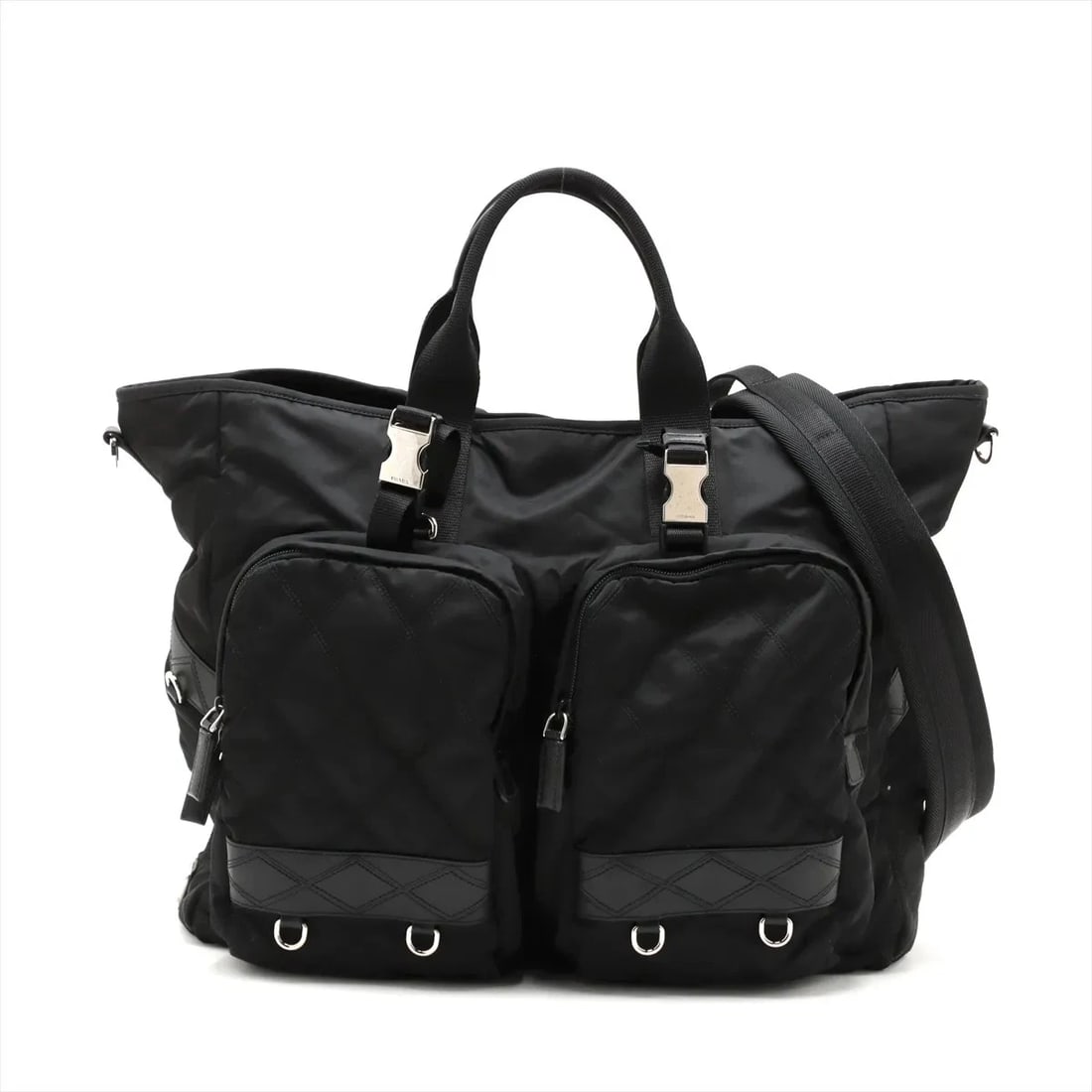 PRADA TESSUTO QUILTING NYLON X LEATHER 2 WAY HANDBAG: Prada Tessuto quilting nylon x leather 2 Way Handbag Brand: Prada Type: Hand bag Material: Nylon Color: Black Size: Height:13.4inch Length:15.9inch Depth:5.5inch Handle height:5.5inch Shoulder hei