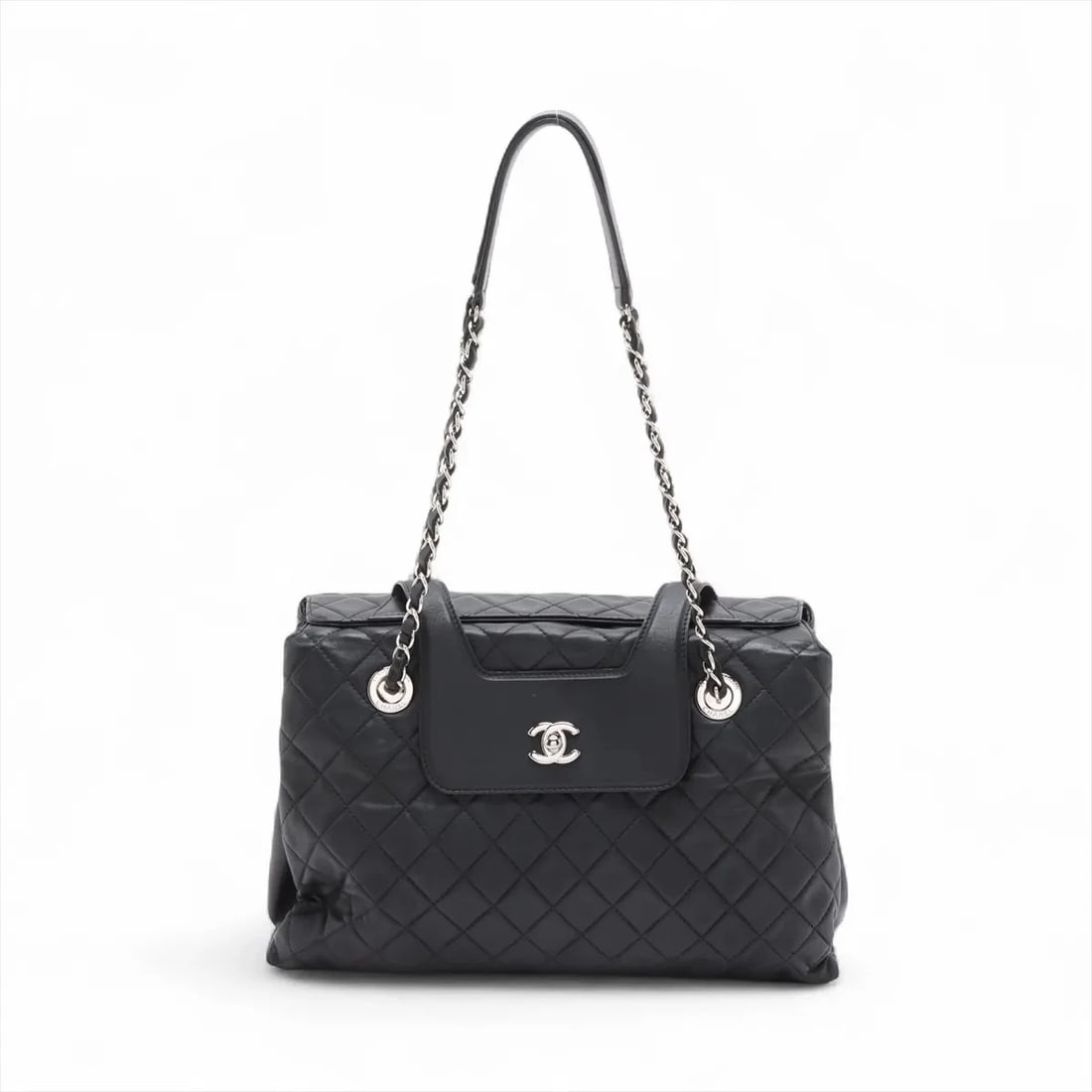 CHANEL MATELASSE LAMBSKIN CHAIN TOTE BAG: Chanel Matelasse Lambskin Chain Tote Bag Brand: Chanel Type: Tote bag Material: Lambskin Color: Black Size: Height:8.7inch Length:13.4inch Depth:4.1inch Handle height:10.6inch Accessories: None