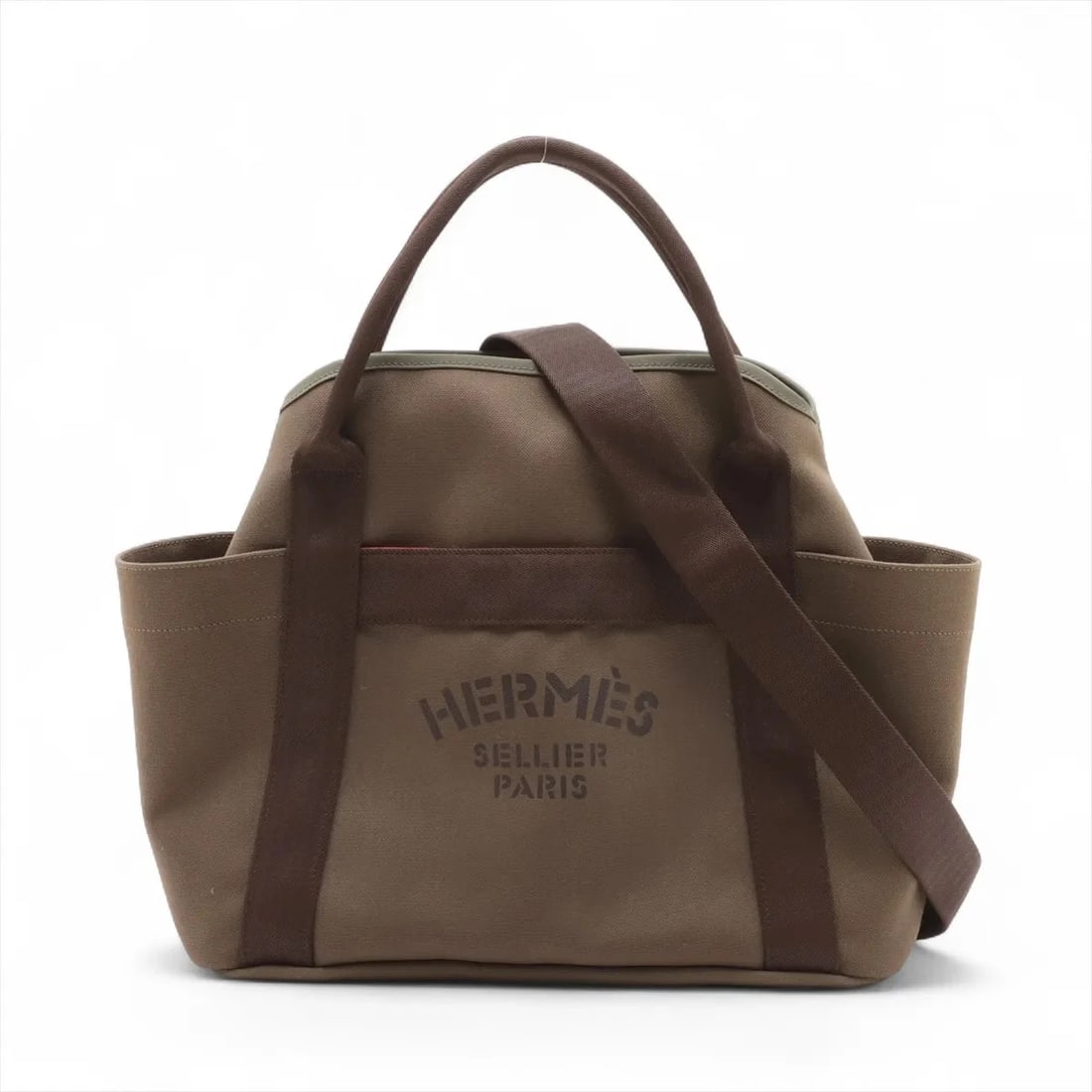 Hermes SAC DE PANSAGE ROOM CANVAS KHAKI SILVER: Hermes Sac de Pansage Room canvas Khaki Silver Brand: Hermes Type: Tote bag Material: canvas Color: Green Size: Height:13.4inch Length:15.0inch Depth:6.3inch Handle height:4.1inch Shoulder height: