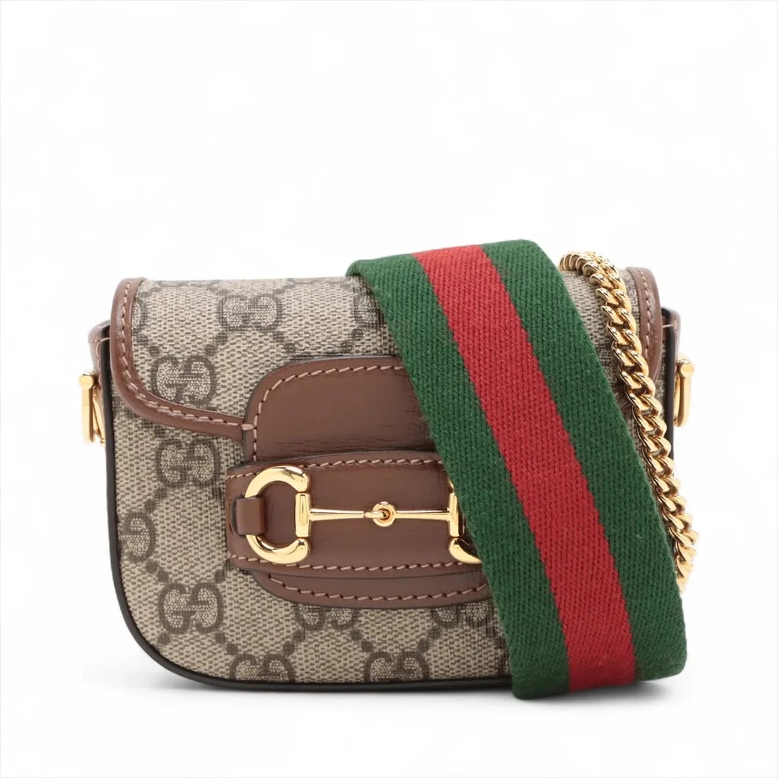 GUCCI HORSEBIT GG SUPREME PVC & LEATHER 2 WAY SHOULDER BAG: Gucci Horsebit GG Supreme PVC & leather 2 Way Shoulder Bag Brand: Gucci Type: Shoulder bag Material: PVC & leather Color: Beige×Brown Size: Height:3.7inch Length:4.9inch Depth:1.8inch Handle heig