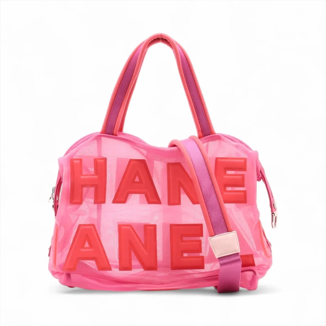 CHANEL LOGO MESH 2 WAY HANDBAG PINK SILVER: Chanel Logo Mesh 2 Way Handbag Pink Silver Brand: Chanel Type: Hand bag Material: Mesh Color: Pink Size: Height:12.6inch Length:16.1inch Depth:8.5inch Handle height:7.1inch Shoulder