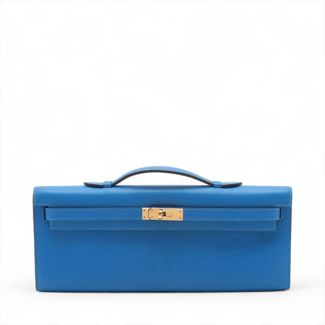 Hermes KELLY CUT VEAU SWIFT BLUE HYDRA GOLD: Hermes Kelly Cut Veau Swift Blue hydra Gold Brand: Hermes Type: Hand bag Material: Veau Swift Color: Blue hydra Size: Height:4.9inch Length:12.2inch Depth:1.0inch Handle height:0.8inch Accessorie