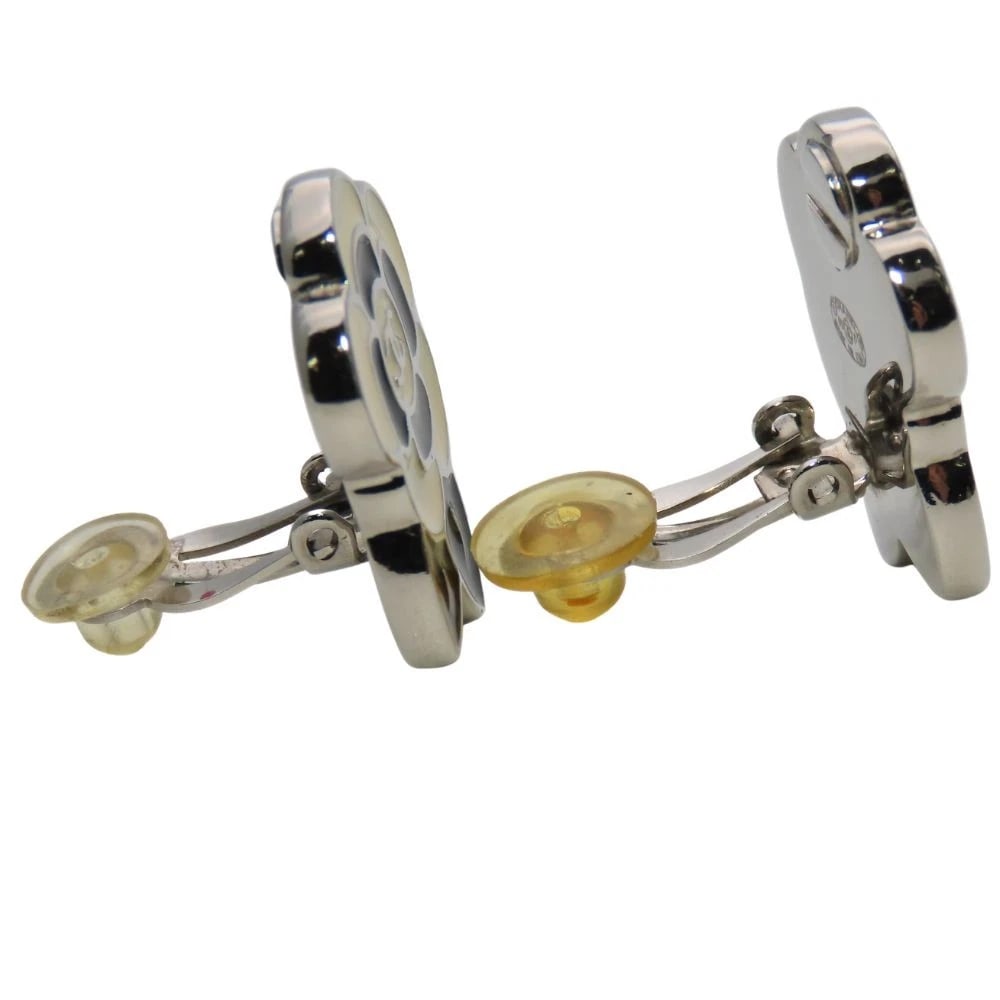 CHANEL COCO MARK METAL SILVER BLACK CREAM CAMELLIA 05P EARRINGS (1 of 3)
