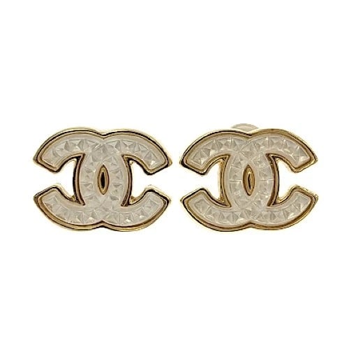 CHANEL A24A COCO MARK METAL GP GOLD WHITE EARRINGS (1 of 4)