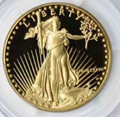 1987-W 1 OZ PROOF AMERICAN GOLD EAGLE COIN: 1987-W 1 oz Proof American Gold Eagle Coin Brand: US Mint Year: 1987 Denomination: None Fineness: 0.9167 Country of Origin: United States Accessories: None Accessories Notice: When purchas