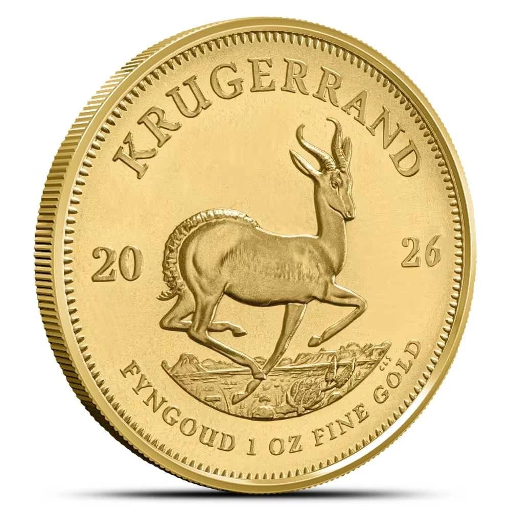 2026 1 OZ SOUTH AFRICAN GOLD KRUGERRAND COIN: 2026 1 oz South African Gold Krugerrand Coin Brand: South African Mint Year: 2026 Denomination: None Fineness: 0.9167 Country of Origin: South Africa Accessories: None Accessories Notice: