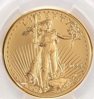 2024 1 OZ AMERICAN GOLD EAGLE COIN: 2024 1 oz American Gold Eagle Coin Brand: US Mint Year: 2023 Denomination: None Fineness: 0.9167 Country of Origin: United States Accessories: None Accessories Notice: When purchasing pre-