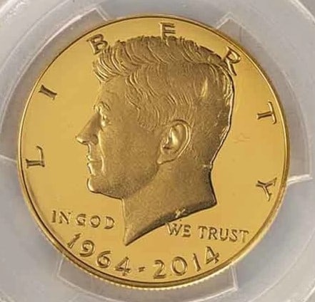 2014-W 50TH ANNIVERSARY KENNEDY GOLD HALF DOLLAR: 2014-W 50th Anniversary Kennedy Gold Half Dollar Brand: US Mint Year: 2014 Denomination: Half Dollar Fineness: 0.9999 Country of Origin: United States Accessories: None Accessories Notice: