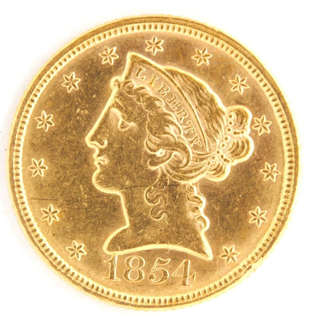 US 1854 $5 LIBERTY HEAD HALF EAGLE .900: US 1854 $5 Liberty Head Half Eagle .900 Brand: Philadelphia Year: 1854 Denomination: $5 Fineness: 0.9 Country of Origin: United States Accessories: None Accessories Notice: When purchasing