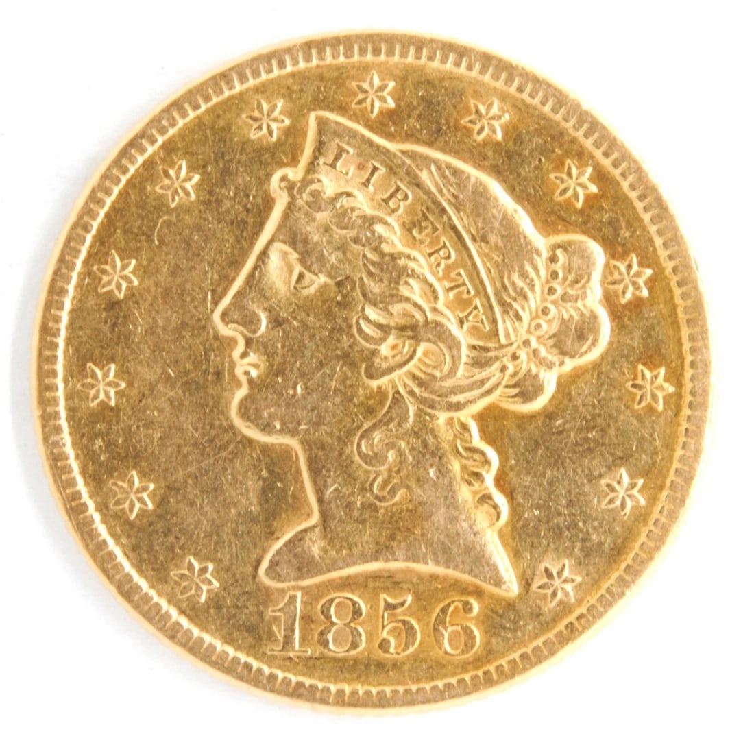 US 1856 LIBERTY HEAD $5 HALF EAGLE .900 FINE GOLD COIN PHILADELPHIA MINT (1 of 2)
