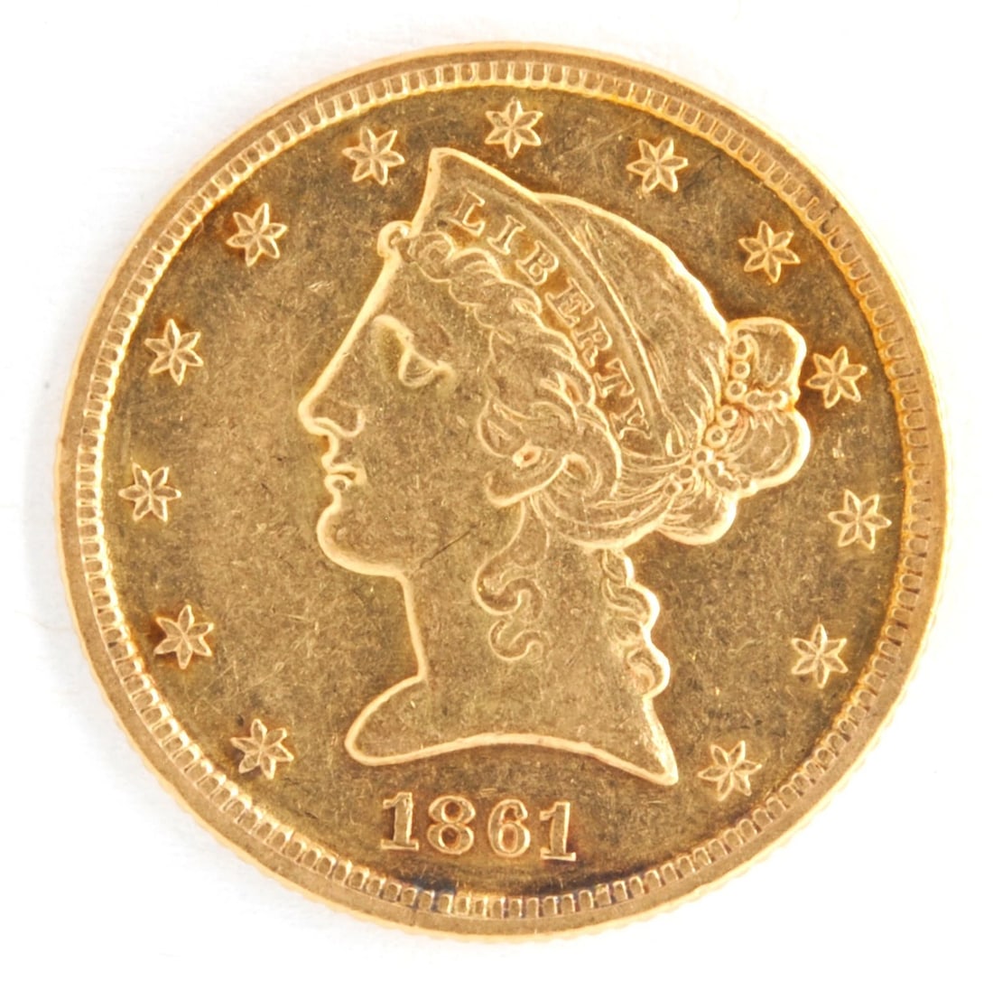 US 1861 $5 LIBERTY HEAD HALF EAGLE .900 FINE GOLD COIN (1 of 2)