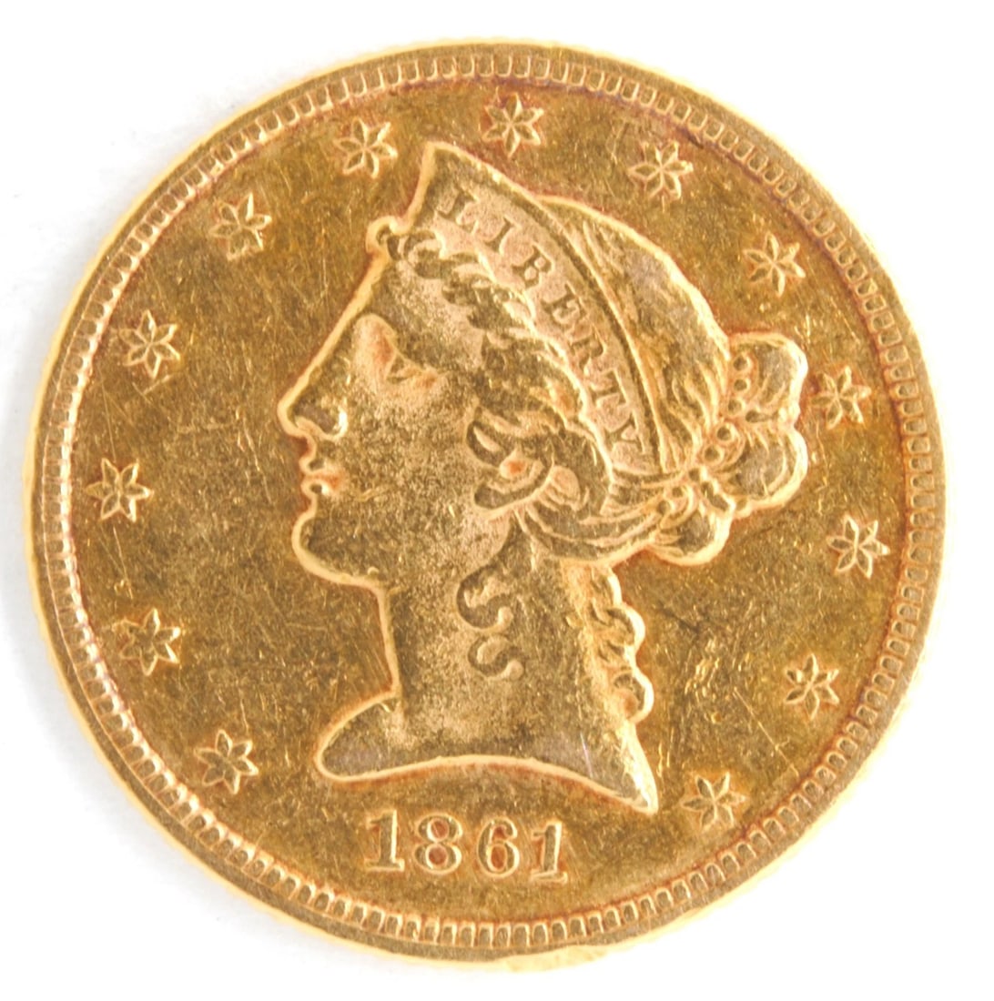 US 1861 LIBERTY HEAD $5 HALF EAGLE .900 FINE GOLD COIN: US 1861 Liberty Head $5 Half Eagle .900 Fine Gold Coin Brand: Philadelphia Year: 1861 Denomination: $5 Fineness: 0.9 Country of Origin: US Accessories: None Accessories Notice: When purcha