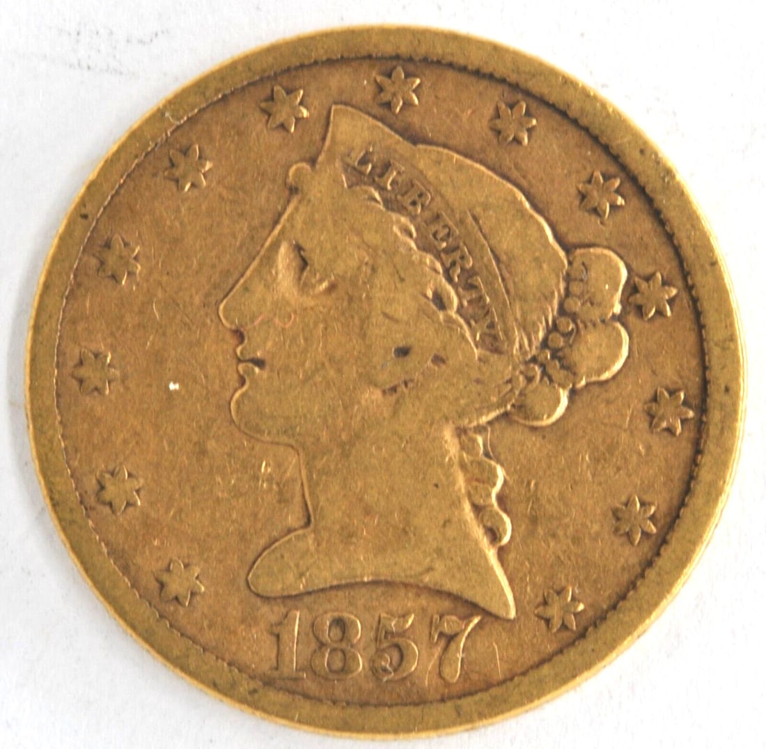 UNITED STATES 1857 $5 LIBERTY HEAD .900 GOLD HALF EAGLE PHILADELPHIA MINT COIN (1 of 2)