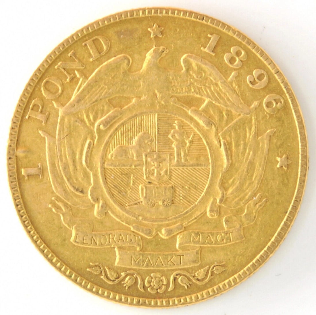 1896 SOUTH AFRICAN REPUBLIC 1 POND GOLD COIN: 1896 South African Republic 1 Pond Gold Coin Brand: South African Year: 1896 Denomination: 1 Pond Fineness: 0.916 Country of Origin: South Africa Accessories: None Accessories Notice: When