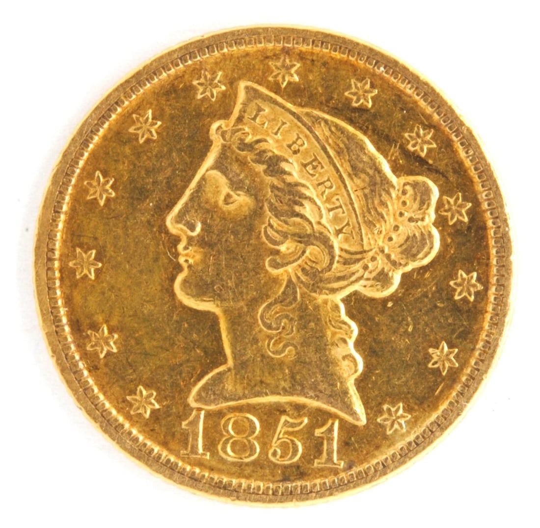 US 1851 $5 LIBERTY HEAD HALF EAGLE .900 FINE GOLD COIN: US 1851 $5 Liberty Head Half Eagle .900 Fine Gold Coin Brand: Philadelphia Year: 1851 Denomination: $5 Fineness: 0.9 Country of Origin: United States Accessories: None Accessories Notice: