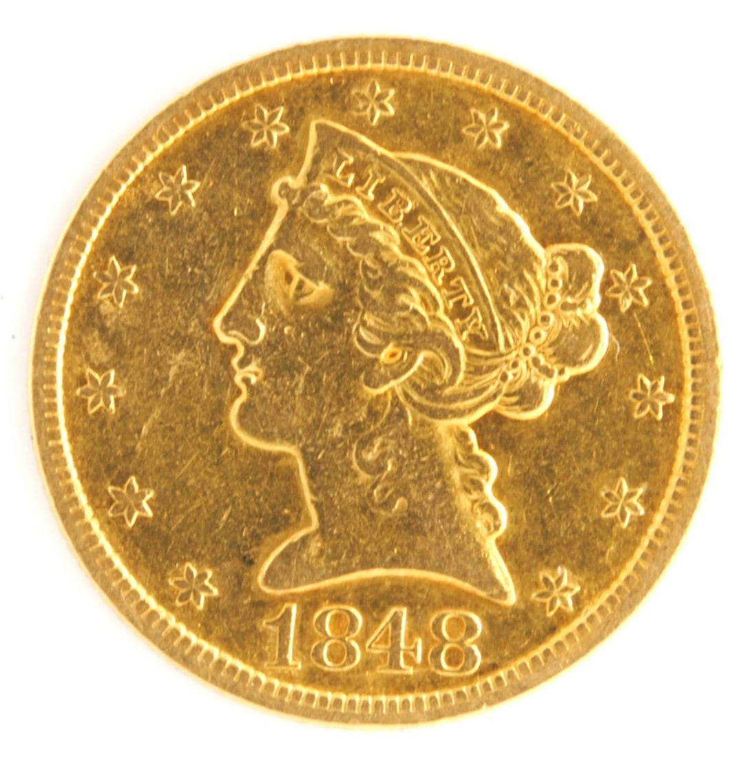 US 1848 $5 LIBERTY HEAD HALF EAGLE: US 1848 $5 Liberty Head Half Eagle Brand: Philadelphia Year: 1848 Denomination: $5 Fineness: 0.9 Country of Origin: United States Accessories: None Accessories Notice: When purchasing pre-
