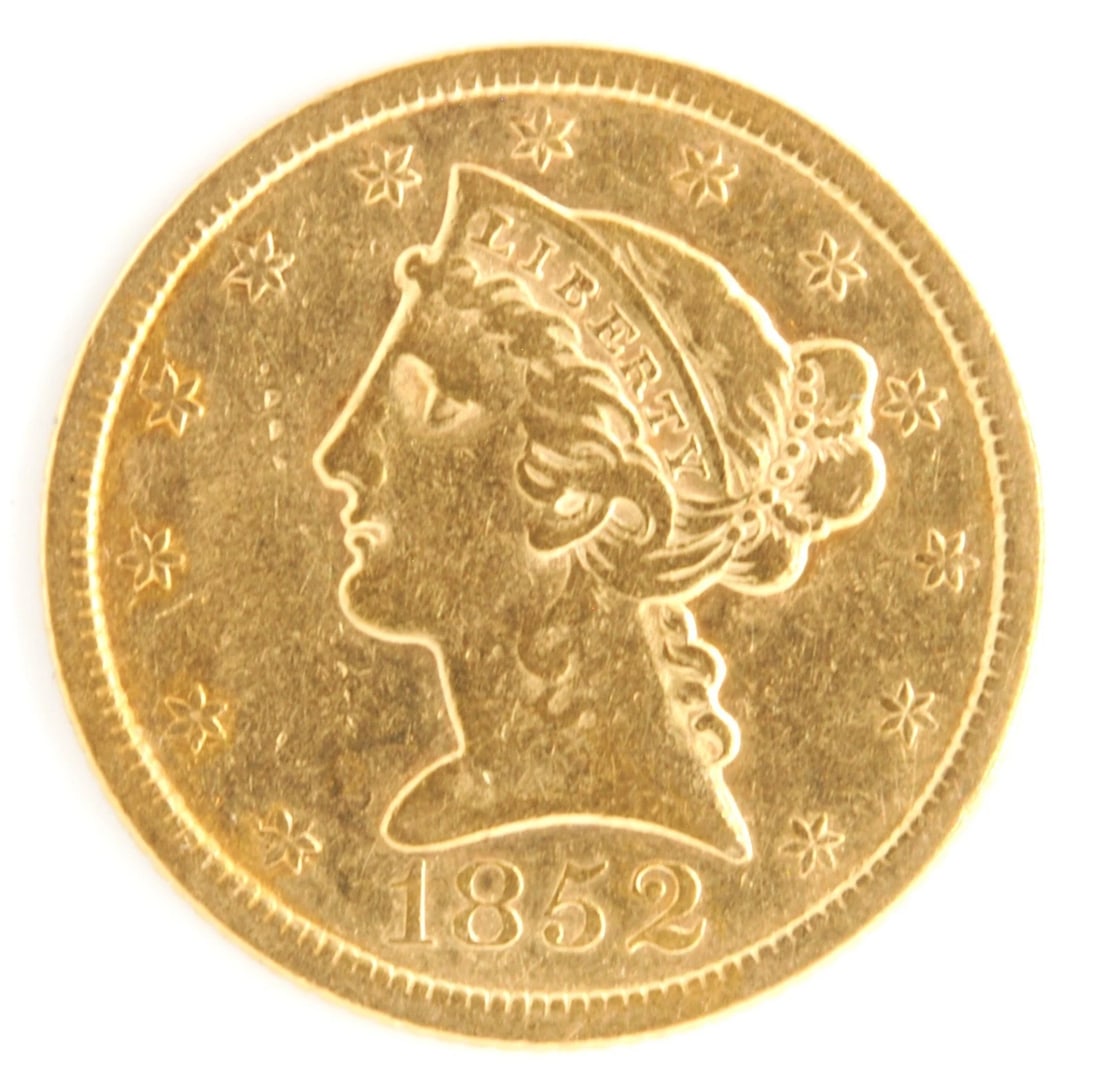 US 1852 $5 LIBERTY HEAD HALF EAGLE: US 1852 $5 Liberty Head Half Eagle Brand: Philadelphia Year: 1852 Denomination: $5 Fineness: 0.9 Country of Origin: United States Accessories: None Accessories Notice: When purchasing pre-