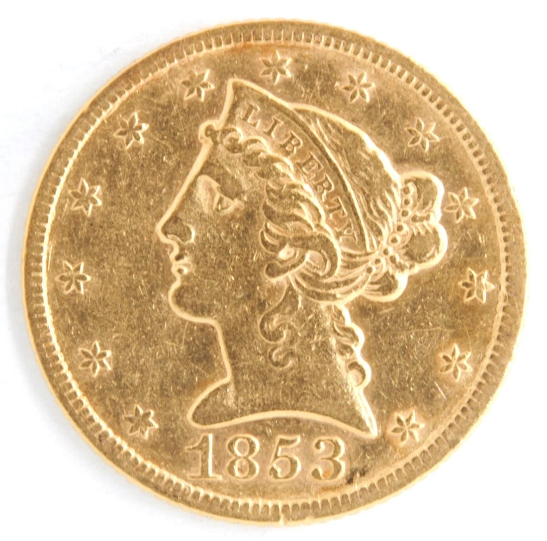 US 1853 LIBERTY HEAD $5 HALF EAGLE: US 1853 Liberty Head $5 Half Eagle Brand: Philadelphia Year: 1853 Denomination: $5 Fineness: 0.9 Country of Origin: United States Accessories: None Accessories Notice: When purchasing pre-