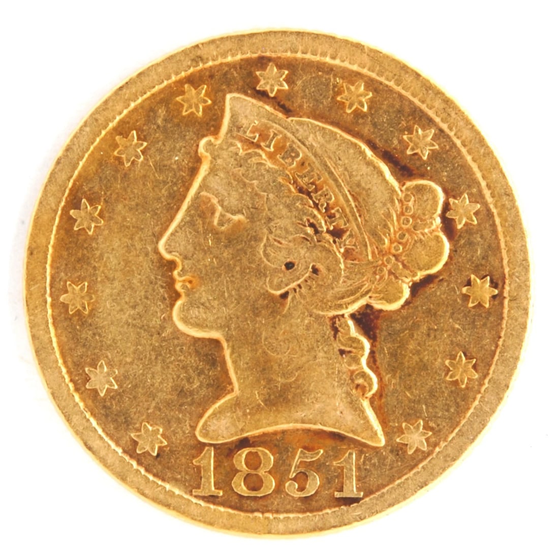 US 1851 $5 LIBERTY HEAD HALF EAGLE: US 1851 $5 Liberty Head Half Eagle Brand: Philadelphia Year: 1851 Denomination: $5 Fineness: 0.9 Country of Origin: United States Accessories: None Accessories Notice: When purchasing pre-