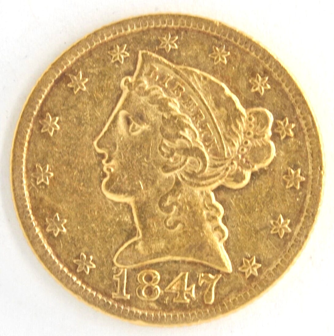 US 1847 $5 HALF EAGLE PIECE LIBERTY HEAD: US 1847 $5 Half Eagle Piece Liberty Head Brand: Philadelphia Year: 1847 Denomination: $5 Fineness: 0.9 Country of Origin: United States Accessories: None Accessories Notice: When purchasin