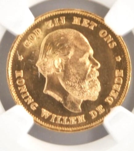 NETHERLANDS 1875 10 GULDEN WILLIAM III: Netherlands 1875 10 Gulden William III Brand: None Year: 1875 Denomination: None Fineness: None Country of Origin: Netherlands Accessories: None Accessories Notice: When purchasing pre-own