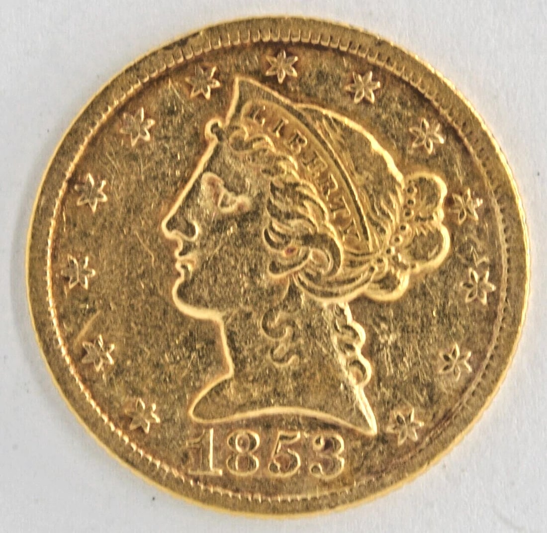 US 1853 $5 HALF EAGLE PIECE LIBERTY HEAD .900 FINE GOLD COIN: US 1853 $5 Half Eagle Piece Liberty Head .900 Fine Gold Coin Brand: Philadelphia Year: 1853 Denomination: $5 Fineness: 0.9 Country of Origin: United States Accessories: None Accessories No