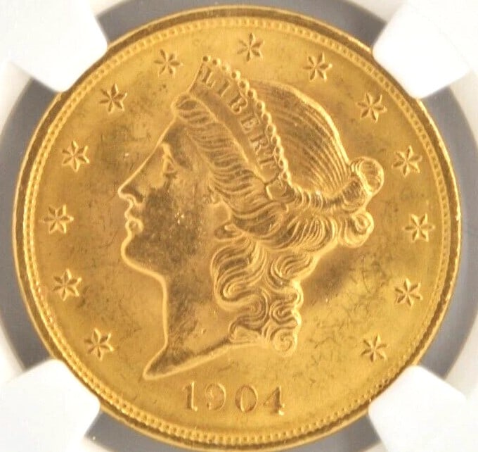 UNITED STATES 1904 $20 GOLD PIECE DOUBLE EAGLE .900 FINE: United States 1904 $20 Gold Piece Double Eagle .900 Fine Brand: Philadelphia Year: 1904 Denomination: $20 Fineness: 0.9 Country of Origin: United States Accessories: None Accessories Notic