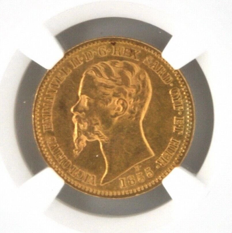 1855 B ITALY SARDINIA EAGLE GOLD COIN: 1855 B Italy Sardinia Eagle Gold Coin Brand: None Year: 1855 Denomination: None Fineness: 0.9 Country of Origin: Italy Accessories: None Accessories Notice: When purchasing pre-owned goods