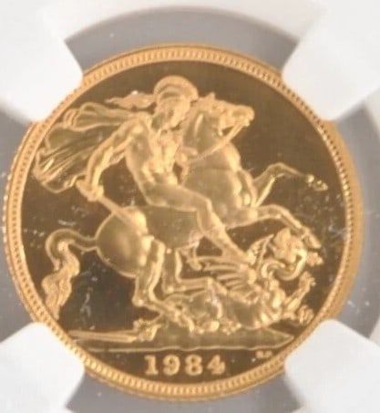 GREAT BRITAIN 1984 1 SOVEREIGN PROOF .917 GOLD COIN: Great Britain 1984 1 Sovereign Proof .917 Gold Coin Brand: None Year: 1984 Denomination: 1 Sovereign Fineness: 0.917 Country of Origin: None Accessories: None Accessories Notice: When purc